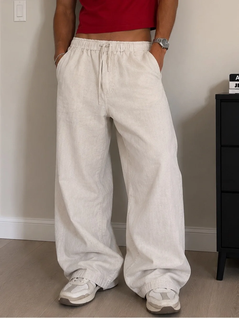 Zara Men’s Cream Wide Leg Linen Blend Pants – Size L